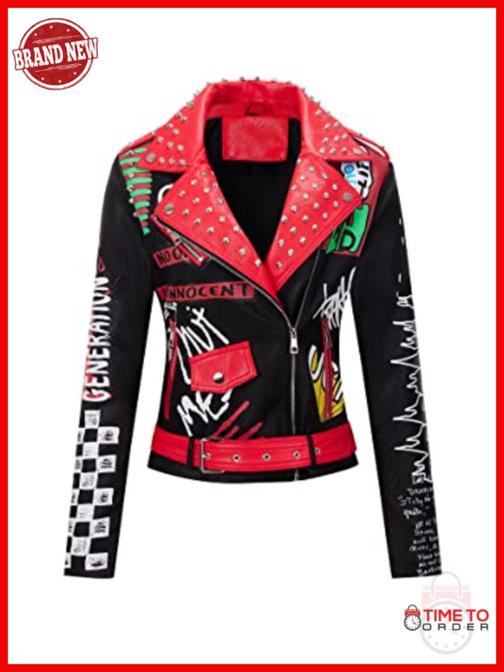 Faux Leather Jacket Studded Rivet Moto Biker Hip-Length Belted Streetwear